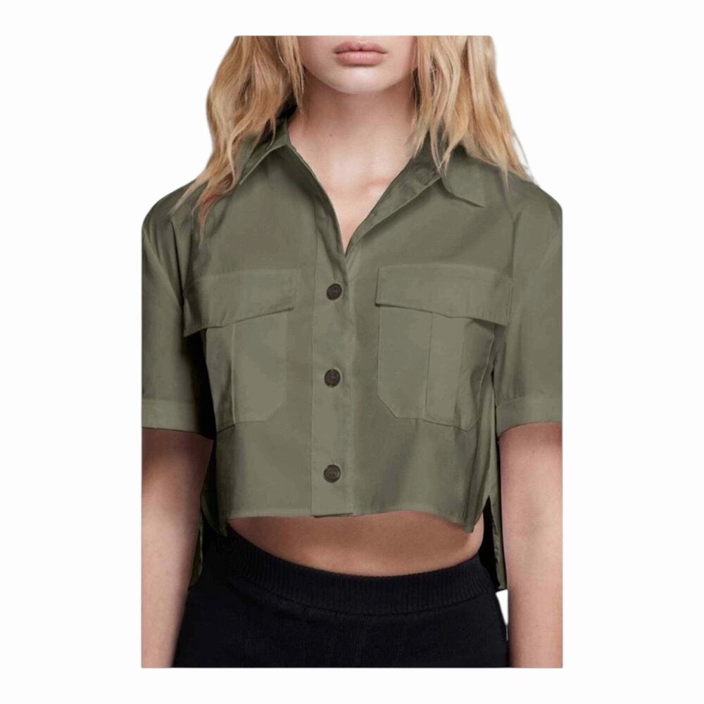 Good American NWT The Cropped Shirt Button Down Sage Collared Front Pockets